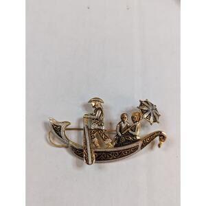 Vintage Damascene Gondola River Boat Couple W/Umbrella Brooch Spain Nice Details